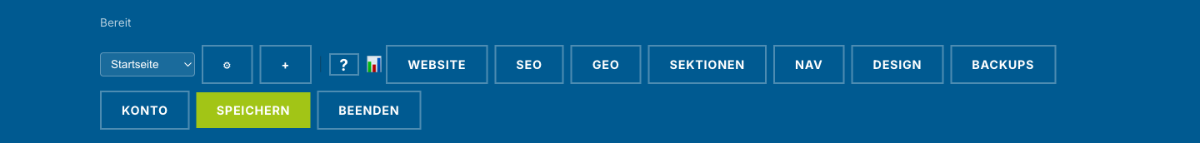 Website-Verwaltungs-Dashboard mit Navigationselementen für SEO, Design, Backups und Content-Management